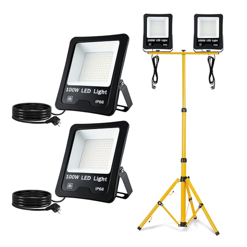 SUBTLETY 2 * 100W LED Baustrahler Arbeitsleuchte 8500LM LED Strahler mit Höhenverstellbar Stativ und 3m Kabel Wasserdicht IP66 Fluter Floodlight für Innen und Außen Baustelle Garage, Warmweiß von SUBTLETY