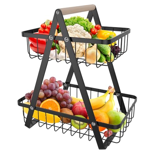 SUBTLETY 2 Stöckig Obstkörbe Schwarz Metall Obst Etagere Moderne Obstschale Freistehend Gemüsekorb Stehend Obsthalter mit Holztragegriff Aufbewahrung für Gemüse Obst Snacks Marmelade von SUBTLETY