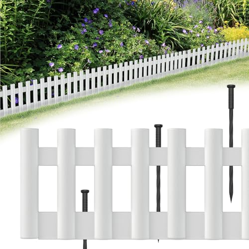 SUBTLETY 258cm Holzoptik Beeteinfassung 6 Stück 43x12cm PP Kunststoff Beetumrandung Plastik Rasenkante Biegbarer Gartenpalisade Beetzaun Flexible Mähkante Wetterfest Palisaden für Garten (Weiß) von SUBTLETY