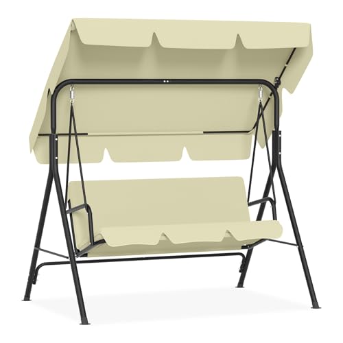 SUBTLETY 3-Sitzer Hollywoodschaukeln Garten Schaukelbank mit Verstellbarem Sonnendach & Sitzauflage & Anti-Rutsch Füßen Gartenschaukel bis 200KG Wasserabweisend Schaukelstuhl (Beige, 176cm Lange) von SUBTLETY