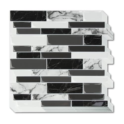 SUBTLETY 3D PVC Wandpaneele Abziehen & Aufkleben Klebefliesen 30x30cm Selbstklebend Fliesenaufkleber 10 Stück Spritzschutz Marmorfliesen-Optik Klebefliesen für Küche Bad Büro (Schwarz) von SUBTLETY