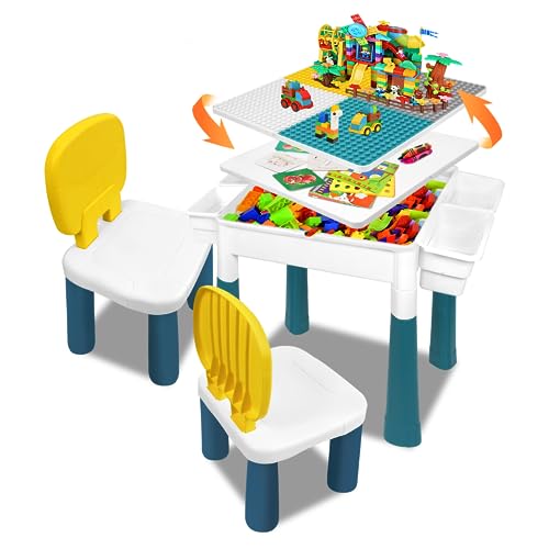 SUBTLETY 6 in 1 Kindertisch Stuhl Set aus Kunststoff Kinder Aktivitätstisch mit Doppelseitiger Tischplatte Bausteintisch mit 163 Bausteinen und 2 Stuhl Basteltisch für Kinderzimmer (Typ A) von SUBTLETY