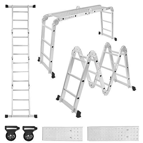 SUBTLETY 6 in 1 Mehrzweckleitern 340cm Aluleiter Baugerüst Sicherheitsleiter inkl. Klappbare Stehleiter 2 Abnehmbar Arbeitsplattform & 2 Rad Rollleitern für Zuhause Werkstatt Garten (4x3 Stufen) von SUBTLETY