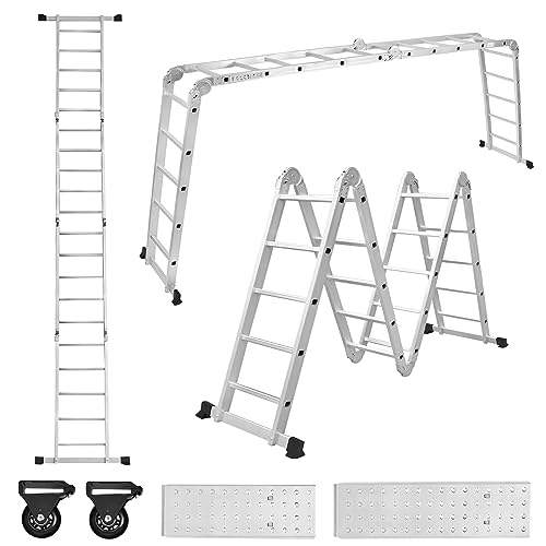 SUBTLETY 6 in 1 Mehrzweckleitern 580cm Aluleiter Baugerüst Sicherheitsleiter inkl. Klappbare Stehleiter 2 Abnehmbar Arbeitsplattform & 2 Rad Rollleitern für Zuhause Werkstatt Garten (4x5 Stufen) von SUBTLETY
