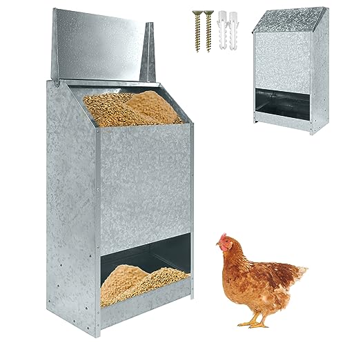 SUBTLETY 63x35x21cm Automatischer Futtertröge Metall Futterspender mit Wasserdichte Deckel Hängend Futterautomaten Kapazität bis zu 22,5KG Hühnerfutterautomat für Geflügel Hühner Enten von SUBTLETY