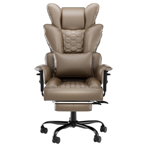 SUBTLETY Chefsessel mit Kopfstütze, PU-Leder Rückenlehne, Schwamm Sitzkissen, Fußstütze & Rollen, Stahl Rahmen Bürostühle 126-136cm Höhenverstellbar Schreibtischstuhl für Zuhause & Büro (Khaki) von SUBTLETY