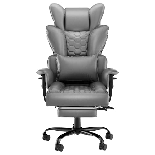 SUBTLETY Chefsessel mit Kopfstütze, PU-Leder Rückenlehne, Schwamm Sitzkissen, Fußstütze & Rollen, Stahl Rahmen Bürostühle 126-136cm Höhenverstellbar Schreibtischstuhl für Zuhause & Büro (Grau) von SUBTLETY