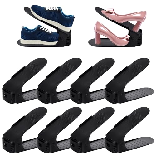 SUBTLETY Einstellbare Schuhstapler 10 Stück PP Schuhregale Höhenverstellbar Schuhorganizer Rutschfest Doppelschicht Schuhe Organisierer Schuhaufbewahrung Platzsparend Schuhschlitze Set (Schwarz) von SUBTLETY