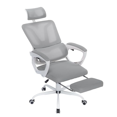 SUBTLETY Ergonomischer Bürostühle Computer Schreibtischstuhl Netzstuhl mit Verstellbaren Kopfstützen, Mesh Stuhllehne, Armlehnen, Fußstütze & Gummirollen, Liegestuhl Wippfunktion bis 135° (Grau) von SUBTLETY