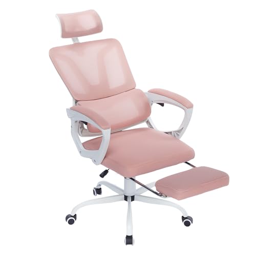 SUBTLETY Ergonomischer Bürostühle Computer Schreibtischstuhl Netzstuhl mit Verstellbaren Kopfstützen, Mesh Stuhllehne, Armlehnen, Fußstütze & Gummirollen, Liegestuhl Wippfunktion bis 135° (Rosa) von SUBTLETY