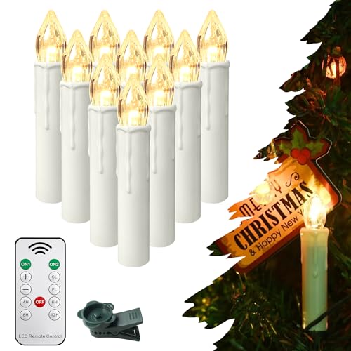 SUBTLETY Flammenlose LED Kerzen mit Timer Fernbedienung Weihnachtskerzen Indoor Teelichter Kunststoff Kerzenlicht AA Batteriebetrieben Christbaumkerzen mit Clips Warmweiß (10 Stück, ohne Batterie) von SUBTLETY