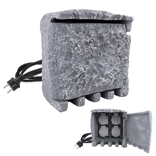 SUBTLETY Gartensteckdose Steinoptik Außensteckdose mit 4 Steckplätzen & 150cm Kabel Mehrfachsteckdosen Außen Inkl. Erdspieß IP44 Wasserdicht Steckdosen Schutzkontaktsteckdosen für Garten Outdoor von SUBTLETY