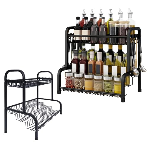 SUBTLETY Gewürzregal Stehend aus Stahl Küchenregal Gewürzregalsystem mit 8 Haken 2-Etagen Spices Gewürz Organizer 42.5X25.5X41cm Gewürzständer Multifunktionale Kitchen Organizer Gewürzaufbewahrung von SUBTLETY