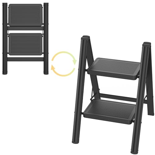 SUBTLETY Metall Klappstufen 2 Stufen Trittleiter mit Anti-Rutsch-Pedal Klapptritt Haushaltsleiter Belastbar bis 250KG Faltbar Aufstiegshilfe Trittstufe für Lagerhaus Garten Heim von SUBTLETY