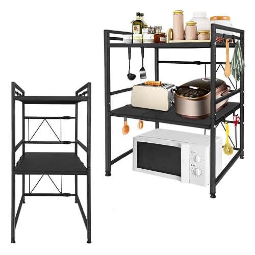 SUBTLETY Mikrowellen Regal Erweiterbares 40-60cm 3 Etagen Küchenregal mit 8 Haken Kohlenstoffstahl Küchen Organizer Anti Rutsch Mikrowellenständer Bäckereiregale für Backofen Küchengeräte (Schwarz) von SUBTLETY