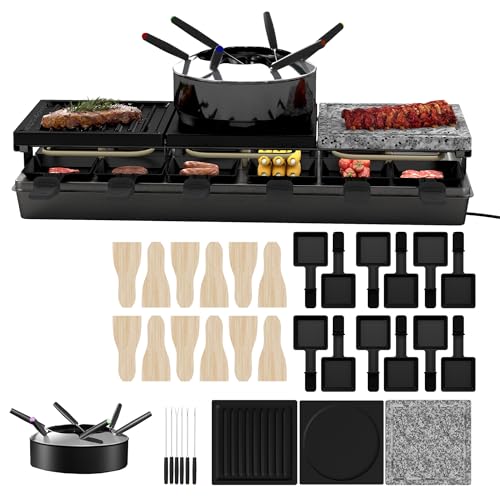 SUBTLETY Raclettes für 12 Personen Elektrogrill mit Granit Grillplatte, Antihaftbeschichteter Pfannen Wendeplatte, Hotpot-Grillpfanne, 12 Kleinen Tabletts & 12 Holzspateln, Doppelte Schicht Tischgrill von SUBTLETY