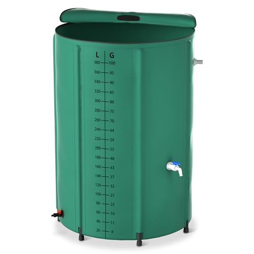 SUBTLETY Regenwassertonne Faltbare Regentonne 380L Wasserspeicher Regenwasserfass PVC Wassertank 100 Gallonen Regenwassertank mit Ablassventil Wasserspeicher zum Sammeln von Regenwasser (Grün, Skala) von SUBTLETY