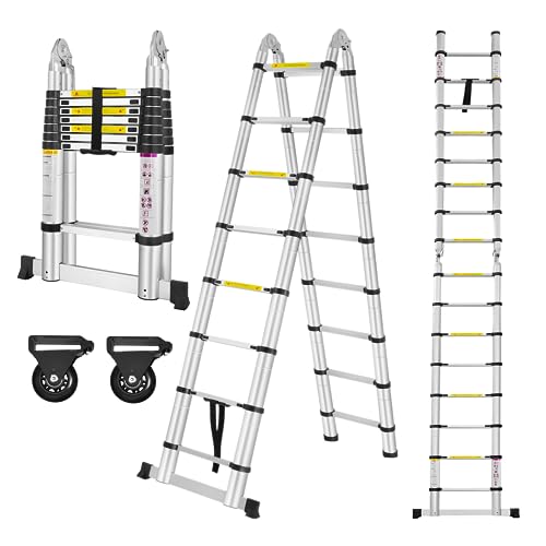 SUBTLETY Teleskopleiter 5m Klappleiter aus Aluminium Ausziehbar Multifunktions Leiter 16 Stufen Ausziehleiter mit Rutschfestem Gummi Mehrzweckleiter Aluleiter Belast bis 150KG (Silber, 2.5m+2.5m) von SUBTLETY
