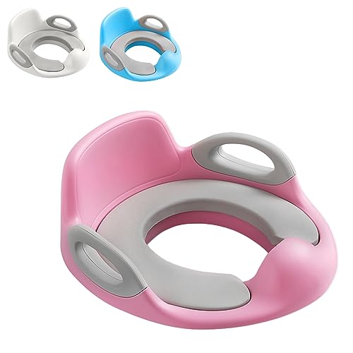 SUBTLETY Toilettensitz Kinder Töpfchen WC Sitz Töpfchentrainer Toilettentrainer mit Griff Spritzschutz und Rückenlehne Toilettenaufsatz für Mädchen und Jungen von 1-8 Jahren (Rosa + Grau) von SUBTLETY