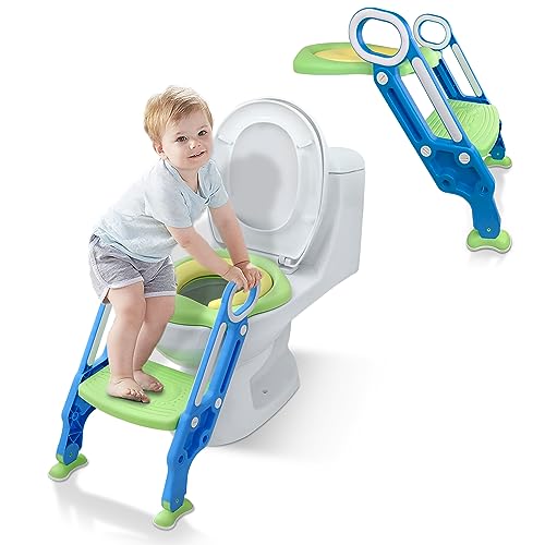 SUBTLETY Toilettensitz Kinder Toilettentrainer mit Verstellbarer Treppe & PU-Kissen Toilettenaufsatz Klappbarer Töpfchen-Trainer Klappbarer WC Sitz für Kinder von 1-7 Jahren (Blau + Grün) von SUBTLETY