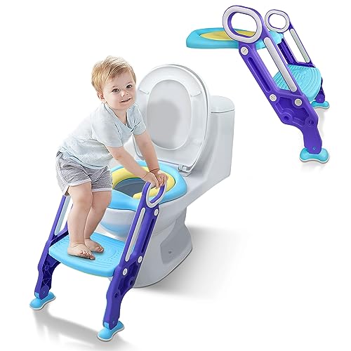 SUBTLETY Toilettensitz Kinder Toilettentrainer mit Verstellbarer Treppe & PU-Kissen Toilettenaufsatz Klappbarer Töpfchen-Trainer Klappbarer WC Sitz für Kinder von 1-7 Jahren (Blau + Lila) von SUBTLETY