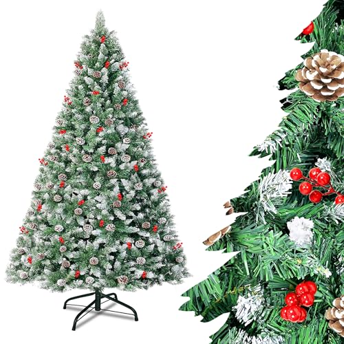 SUBTLETY Weihnachtsbaum Künstlich 150cm mit 500 PVC Spitzen 24 Tannenzapfen & 18 Roten Früchten Ø95cm Tannenbaum Künstlich aus Schwer Entflammbar Christbaum mit Schnee Effekt & Metall Ständer SUBTLETY Weihnachtsbaum Künstlich 150cm mit 500 PVC Spitzen 24 Tannenzapfen & 18 Roten Früchten Ø95cm Tannenbaum Künstlich aus Schwer Entflammbar Christbaum mit Schnee Effekt & Metall Ständer von SUBTLETY