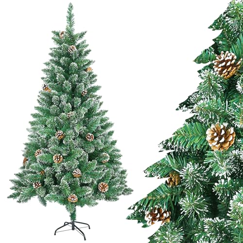 SUBTLETY Weihnachtsbaum Künstlich 150cm mit Schnee Effekt (Ø ca. 76cm) Grün Tannenbaum Künstlich mit Metall Ständer und 300 Astspitzen aus Schwer Entflammbar PVC Schnellaufbau Klappsystem von SUBTLETY