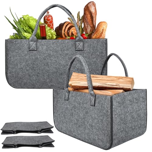 SUBTLETY XL Faltbare Holzkörbe Set 4 Stück Filz Kaminholztasche Groß Kaminholzkorb Belast Max. 30L Feuerholzkorb für Transport & Aufbewahrung von Brennholz Zeitungen Obst Gemüse Kleidung (Mittelgrau) von SUBTLETY