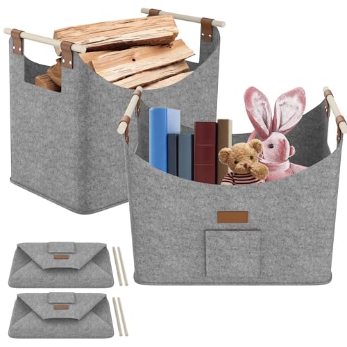 SUBTLETY XXL Faltbare Holzkörbe 2 Stück Filz Kaminholztasche Groß Kaminholzkorb mit Holzgriff Belast Max. 60L Feuerholzkorb für Transport & Aufbewahrung von Brennholz Zeitungen Kleidung (Mittelgrau) von SUBTLETY