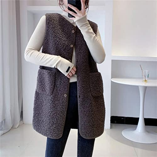 SUBX 2022 Winter Lange Weste Jacken Lammwolle Verdicken Weste Frauen Button Up Einreiher Tasche Oberbekleidung Ärmelloser Mantel Kleidungsstück-Braun,XL von SUBX