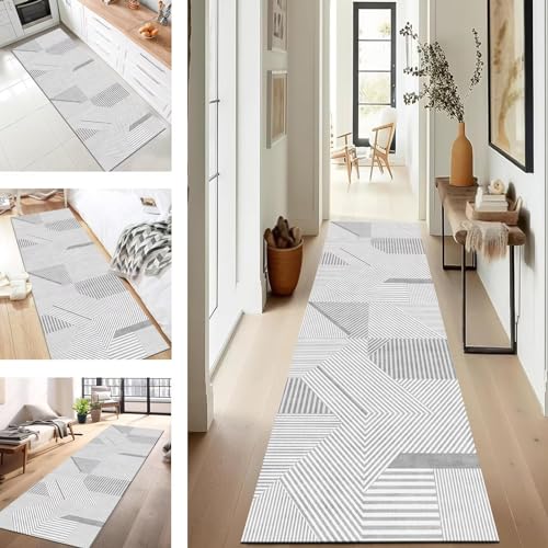 Läufer Flur Küche Waschbar rutschfest 100X500CM Teppichläufer Küchenteppich Flurteppich Grau Weiß Küchenläufer Teppichmatten Korridor Wohnzimmer Schlafzimmer Meterware Schmutzfangmatte Fußmatte von SUCERU