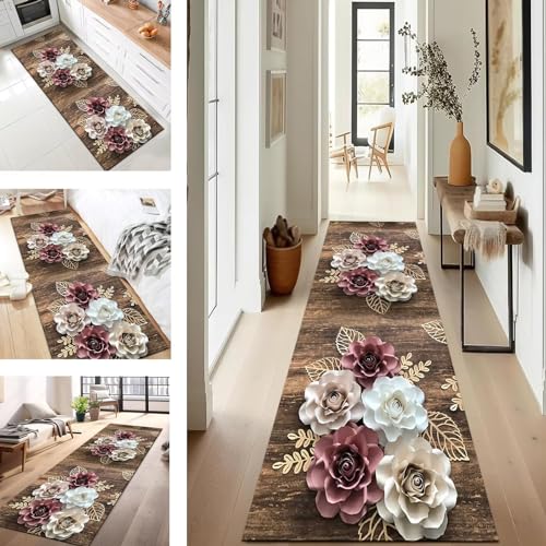 Läufer Flur Küche Waschbar rutschfest 110X450CM Teppichläufer Lang Küchenteppich Flurteppich Braun Küchenläufer Teppichmatten Korridor Wohnzimmer Schlafzimmer Meterware Schmutzfangmatte Fußmatte von SUCERU