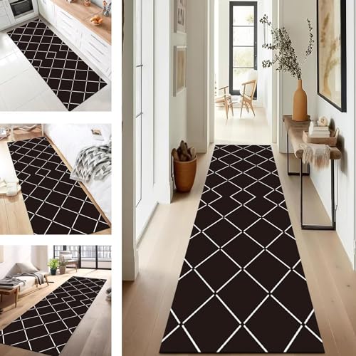 Läufer Flur Küche Waschbar rutschfest 60X250CM Teppichläufer Lang Küchenteppich Flurteppich Schwarz Küchenläufer Teppichmatten Korridor Wohnzimmer Schlafzimmer Meterware Schmutzfangmatte Fußmatte von SUCERU