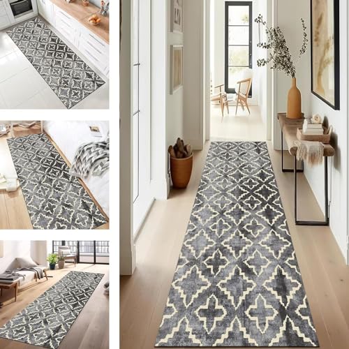 SUCERU Abstrakte Läufer Flur Küche Waschbar rutschfest 60X500CM Vintage Dunkelgrau Lang Küchenteppich Flurteppich Teppich Fur Korridor Wohnzimmer Schlafzimmer Meterware Anpassbar von SUCERU