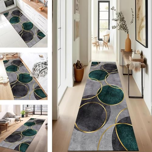 SUCERU Läufer Flur Küche Waschbar rutschfest 70X240CM Teppichläufer Küchenteppich Flurteppich Grau Grün Küchenläufer Teppichmatten Korridor Wohnzimmer Schlafzimmer Meterware Schmutzfangmatte Fußmatte von SUCERU