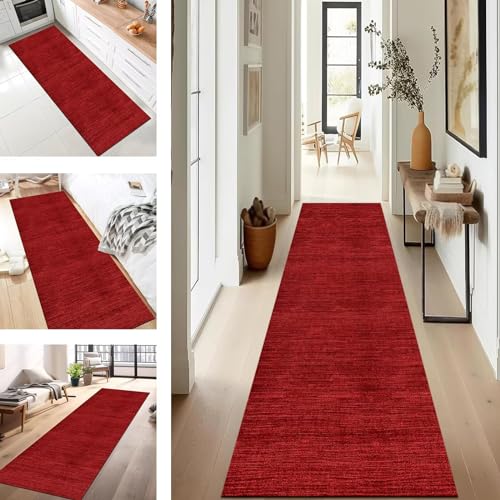 SUCERU Läufer Teppich Lang Flur Küche rutschfest Waschbar Korridor Teppichmatten Rot 90X300CM Küchenteppich Küchenläufer Modern Teppichläufer Flur Schlafzimmer Wohnzimmer Meterware Eingang von SUCERU