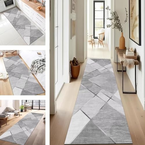 SUCERU Langer Teppich Läufer Flur Küchenteppich rutschfest 70X120CM Waschbar Boden Läufer Grau Küchenläufer Teppichmatten Schlafzimmer Kinderzimmer Wohnzimmer Meterware Flurläufer Anpassbar von SUCERU