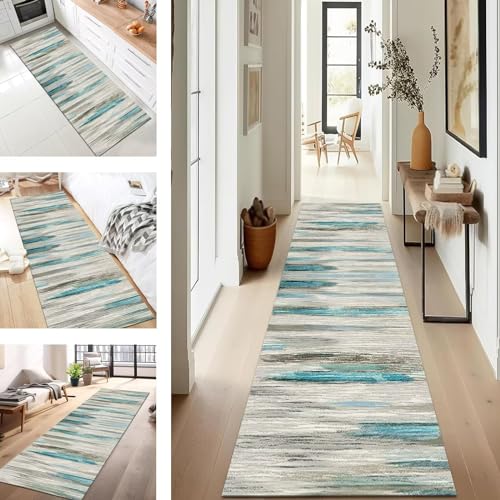 SUCERU Teppich Läufer Flur Abstrakt rutschfest Waschbar 100X350CM Modern Vintage Kücheläufer Teppichläufer Cyan Blau Polyester Teppichmatte Teppichläufer für Korridor Schlafzimmer Innen Wohnzimmer von SUCERU
