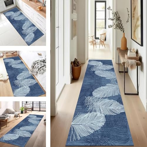 SUCERU Teppich Läufer Flur Abstrakt rutschfest Waschbar 110X300CM Modern Kücheläufer Teppichläufer Blau Polyester Teppichmatte Teppichläufer für Korridor Schlafzimmer Innen Wohnzimmer von SUCERU