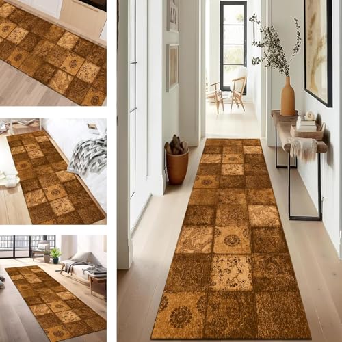 SUCERU Teppich Läufer Flur Diele Küche rutschfest Waschbar Dauerhaft 50X400CM Dunkelbraun Boho Teppichläufer für Wohnzimmer Korridor Schlafzimmer Büro Esszimmer Flurläufer Anpassbar Meterware von SUCERU