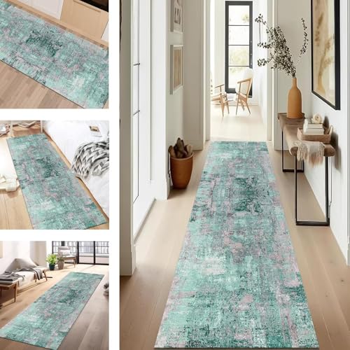 SUCERU Teppich Läufer Flur Diele Küche rutschfest Waschbar Dauerhaft 60X180CM Cyan Grau Abstrakt Teppichläufer für Wohnzimmer Korridor Schlafzimmer Büro Esszimmer Flurläufer Anpassbar Meterware von SUCERU