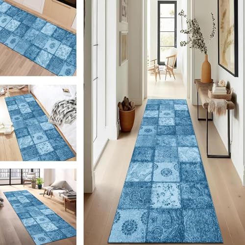 SUCERU Teppich Läufer Flur Diele Küche rutschfest Waschbar Dauerhaft 80X400CM Hellblau Boho Teppichläufer für Wohnzimmer Korridor Schlafzimmer Büro Esszimmer Flurläufer Anpassbar Meterware von SUCERU