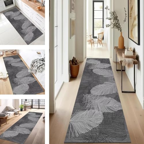 SUCERU Teppich Läufer Flur Diele Küche rutschfest Waschbar Grau Dauerhaft 70X200CM Abstrakt Teppichläufer für Wohnzimmer Korridor Schlafzimmer Büro Esszimmer Flurläufer Anpassbar Meterware von SUCERU