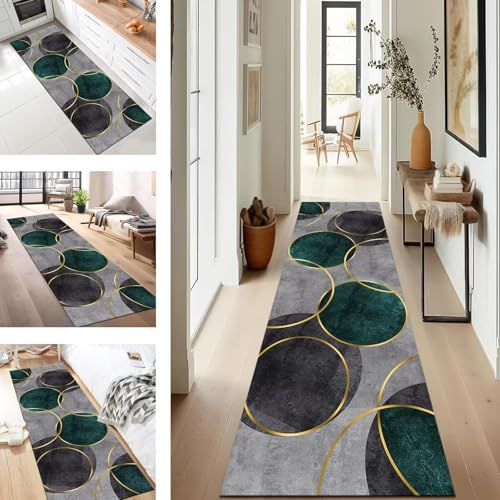 SUCERU Teppich Läufer Flur Diele Küche rutschfest Waschbar Grau Grün Dauerhaft 100X200CM Geometrisch Teppichläufer für Wohnzimmer Korridor Schlafzimmer Büro Esszimmer Flurläufer Anpassbar Meterware von SUCERU