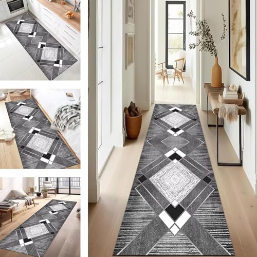 SUCERU Teppich Läufer Flur Küche rutschfest Waschbar 50X90CM Grau Schwarz Polyester Küchenläufer Modern Geometric Schlafzimmer Kinderzimmer Wohnzimmer Meterware Teppichmatten Flurläufer von SUCERU