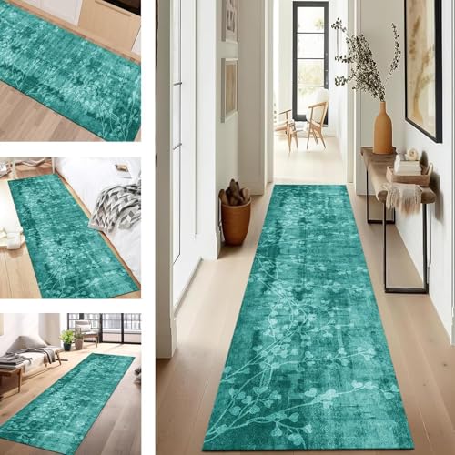 SUCERU Teppich Läufer Flur Küche rutschfest Waschbar Schmutzfangläufer Dauerhaft 100X400CM Cyan Korridor Teppichläufer Flurteppich für Wohnzimmer Schlafzimmer Büro Esszimmer Küchenläufer von SUCERU
