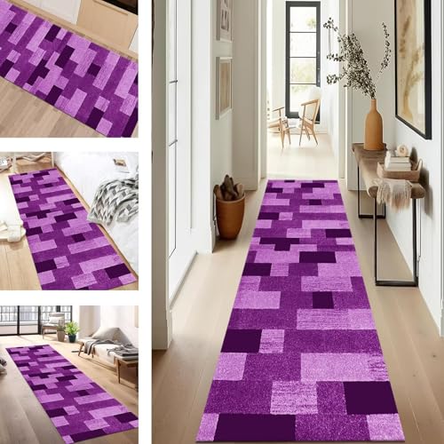 SUCERU Teppich Läufer Flur Küche rutschfest Waschbar Schmutzfangläufer Dauerhaft 100X400CM Violett kariert Korridor Teppichläufer Flurteppich für Wohnzimmer Schlafzimmer Büro Esszimmer Küchenläufer von SUCERU