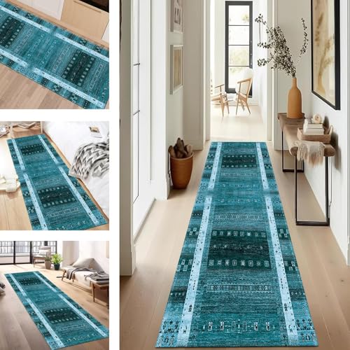 SUCERU Teppich Läufer Flur Küche rutschfest Waschbar Schmutzfangläufer Dauerhaft 120X500CM Cyan Korridor Teppichläufer Flurteppich für Wohnzimmer Schlafzimmer Büro Esszimmer Küchenläufer von SUCERU