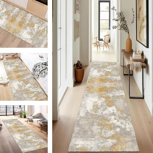 SUCERU Teppich Läufer Flur Küche rutschfest Waschbar Schmutzfangläufer Dauerhaft 40X300CM Braun Orange Grau Korridor Teppichläufer Flurteppich für Wohnzimmer Schlafzimmer Büro Esszimmer Küchenläufer von SUCERU