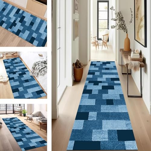 SUCERU Teppich Läufer Flur Küche rutschfest Waschbar Schmutzfangläufer Dauerhaft 40X60CM Blau Geometrie Korridor Teppichläufer Flurteppich für Wohnzimmer Schlafzimmer Büro Esszimmer Küchenläufer von SUCERU